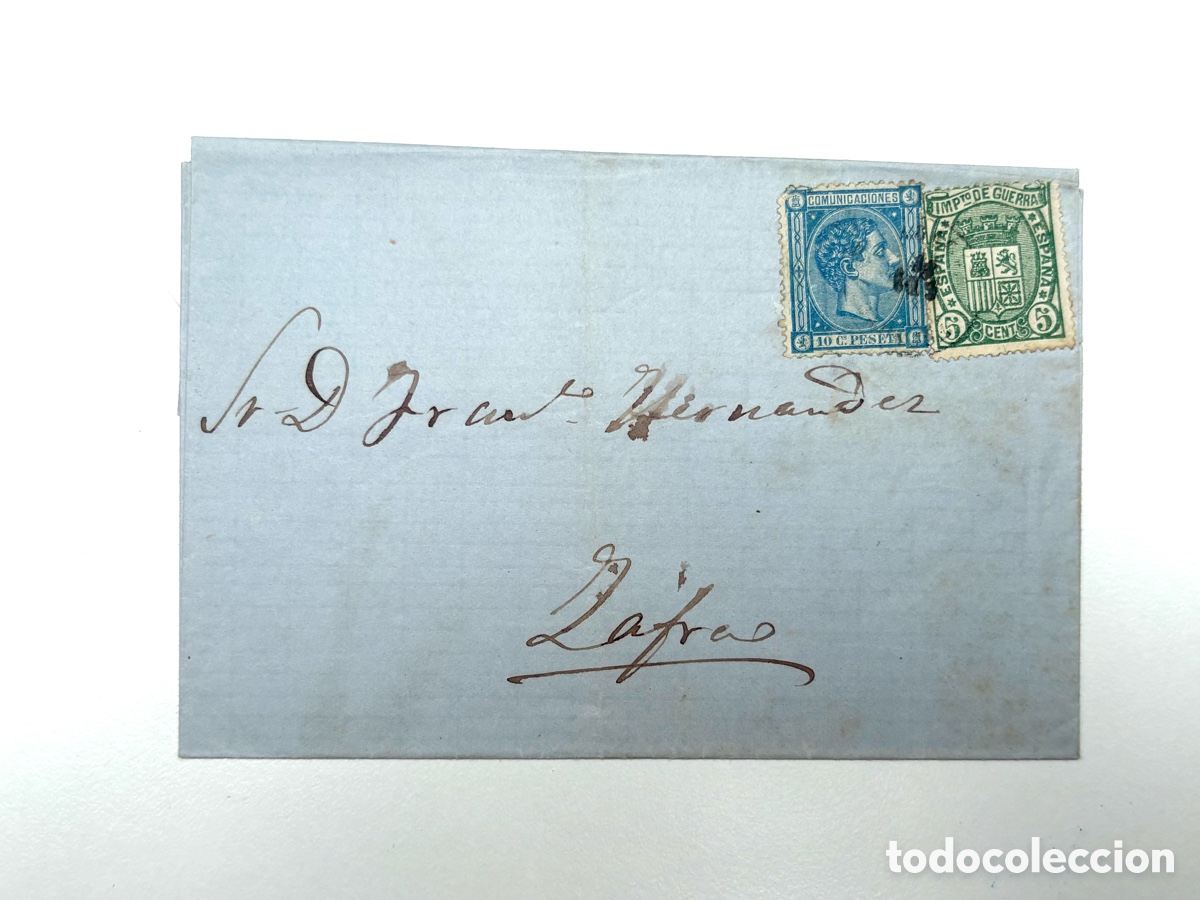 Stamps: Carta Entera de &Eacute;poca de Alfonso XII (1876) con Sello Impuesto de Guerra a Zafra