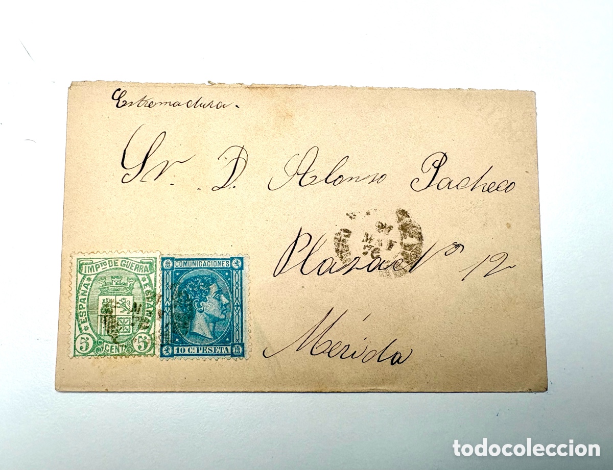 Stamps: Carta Circulada en 1876 con Sello de Alfonso XII e Impuesto de Guerra M&Eacute;RIDA .