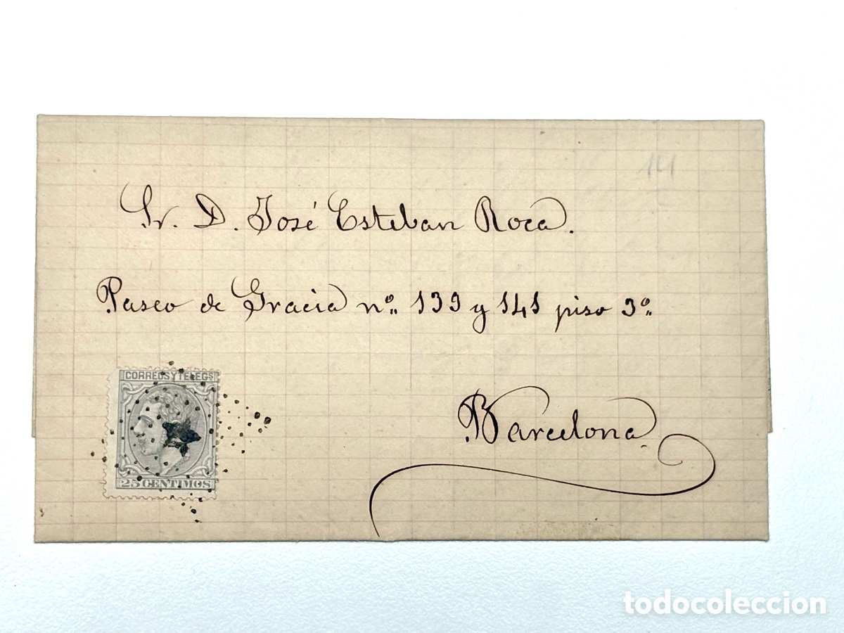 Stamps: 1881: Carta-Sobre Completa de Calella a Barcelona | Sello Alfonso XII 25cts (Edifil 204) . Trebol