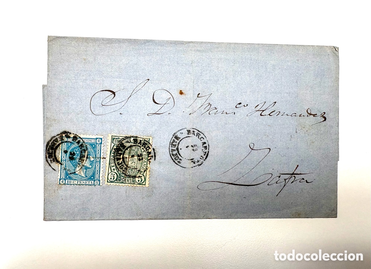 Timbres: 1875. Carta Completa de Barcarrota a Zafra. Alfonso XII 10c + Impuesto de Guerra 5c