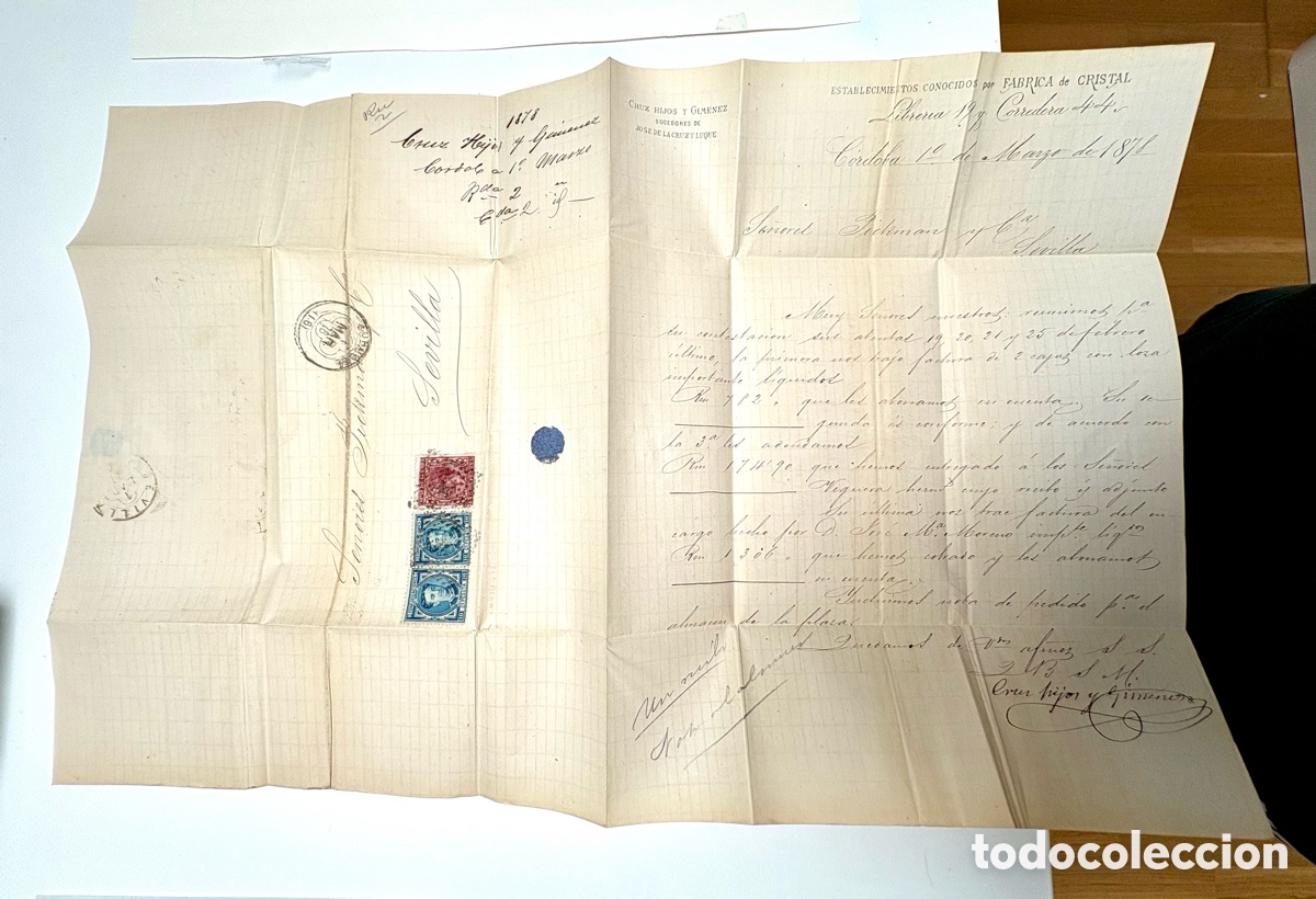 Timbres: Carta Circulada 1878 C&oacute;rdoba a Sevilla Pickman. Edifil 175 (x2) + Edifil 183. Fabrica de cristal