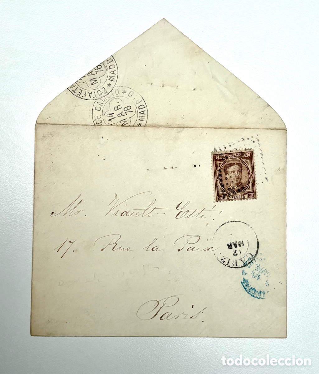 Timbres: Sobre de Espa&ntilde;a cadiz - Par&iacute;s (1878) con sello (Edifil 177). Estafeta tr&aacute;nsito Madrid