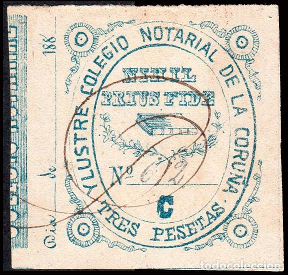Sellos: Espa&ntilde;a - Fiscales - Siglo XIX - Abogados - Coru&ntilde;a &rdquo;Pro Colegio Notarial - 3 Ptas.&rdquo; (azul)