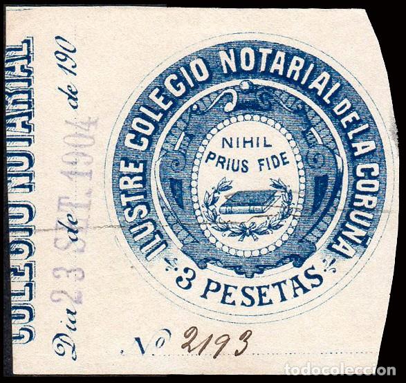Sellos: Espa&ntilde;a - Fiscales - Siglo XIX - Abogados - Coru&ntilde;a &rdquo;Pro Colegio Notarial - 3 Ptas.&rdquo; (azul)