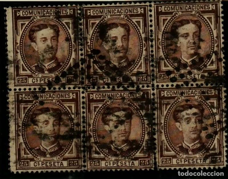 Sellos: FA3347. Emision 1-6-1876. Bloque de 6 valores 25 c. cancelado con Rombo de Puntos