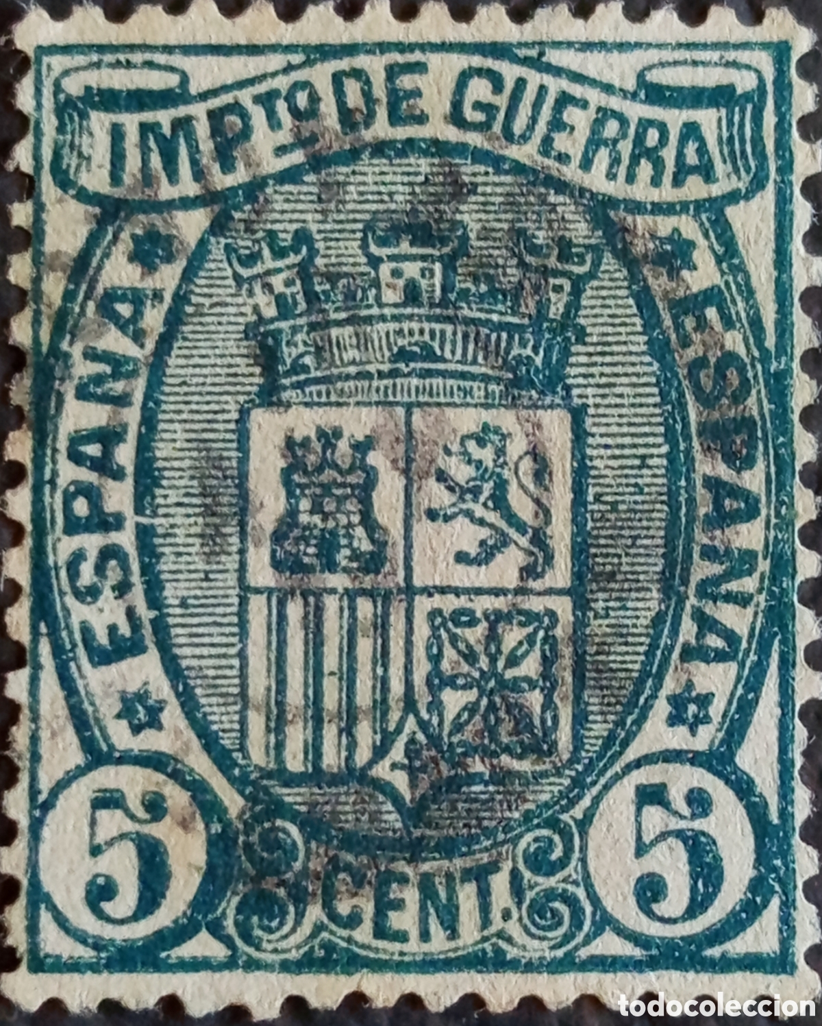 Sellos: Espa&ntilde;a 1875 Impuesto de Guerra 5 C&eacute;ntimos Escudo Verde Edifil 155 Usado