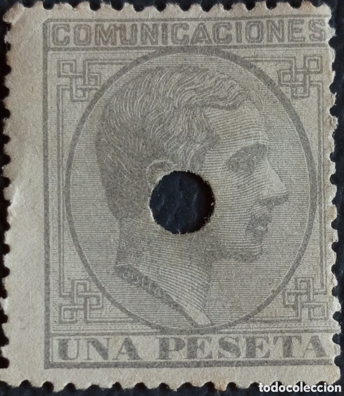 Sellos: Espa&ntilde;a 1878 Alfonso XII 1 peseta gris Edifil 197T taladro telegr&aacute;fico