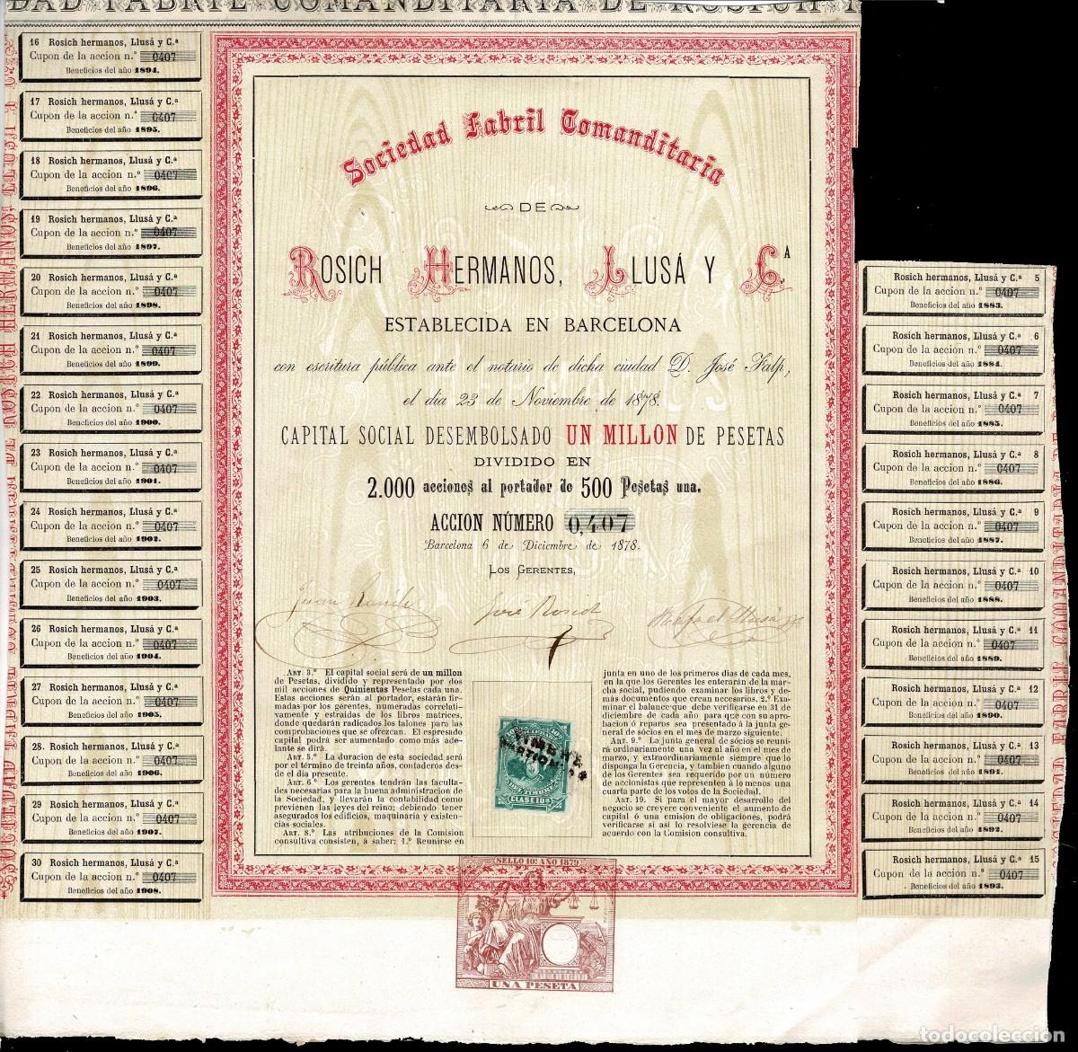 Sellos: 1878 accion con p&oacute;liza impresa y sello sociedad del timbre