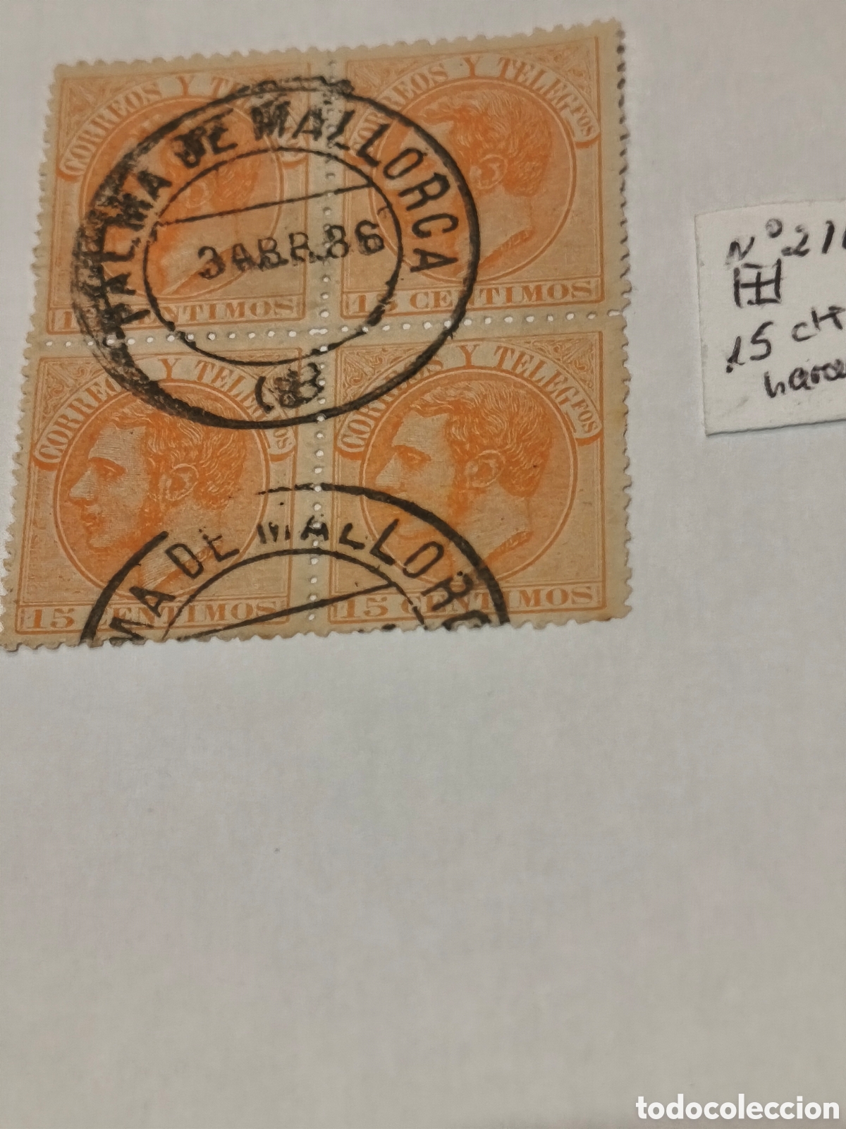 Sellos: Bloque de 4 del vclasicobn 210 ,matasellos fechador palma de mallorca,15 cts naranja ver