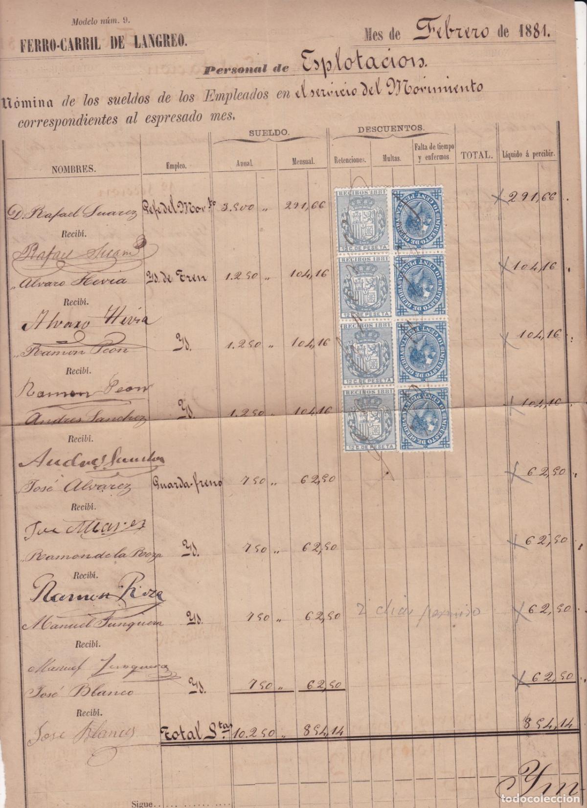 Sellos: GP88-FISCALES DOCUMENTO Gij&oacute;n 1881 . N&oacute;mina Trabajadores de FERROCARRIL de LANGREO