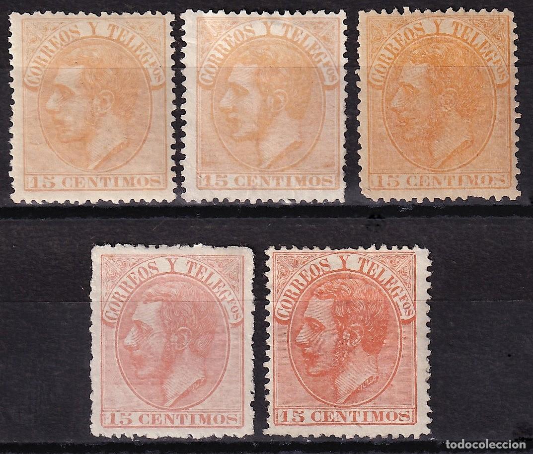 Sellos: ESPA&Ntilde;A, 1882 EDIFIL N&ordm; 210, 210a, 210b, (*), /*/, 15 c naranja p&aacute;lido / rojo anaranjado / amarillo