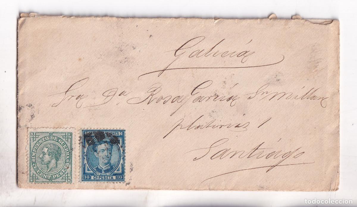 Sellos: SOBRE CON LA CARTA. BARCELONA. 1877. A SANTIAGO. GALICIA