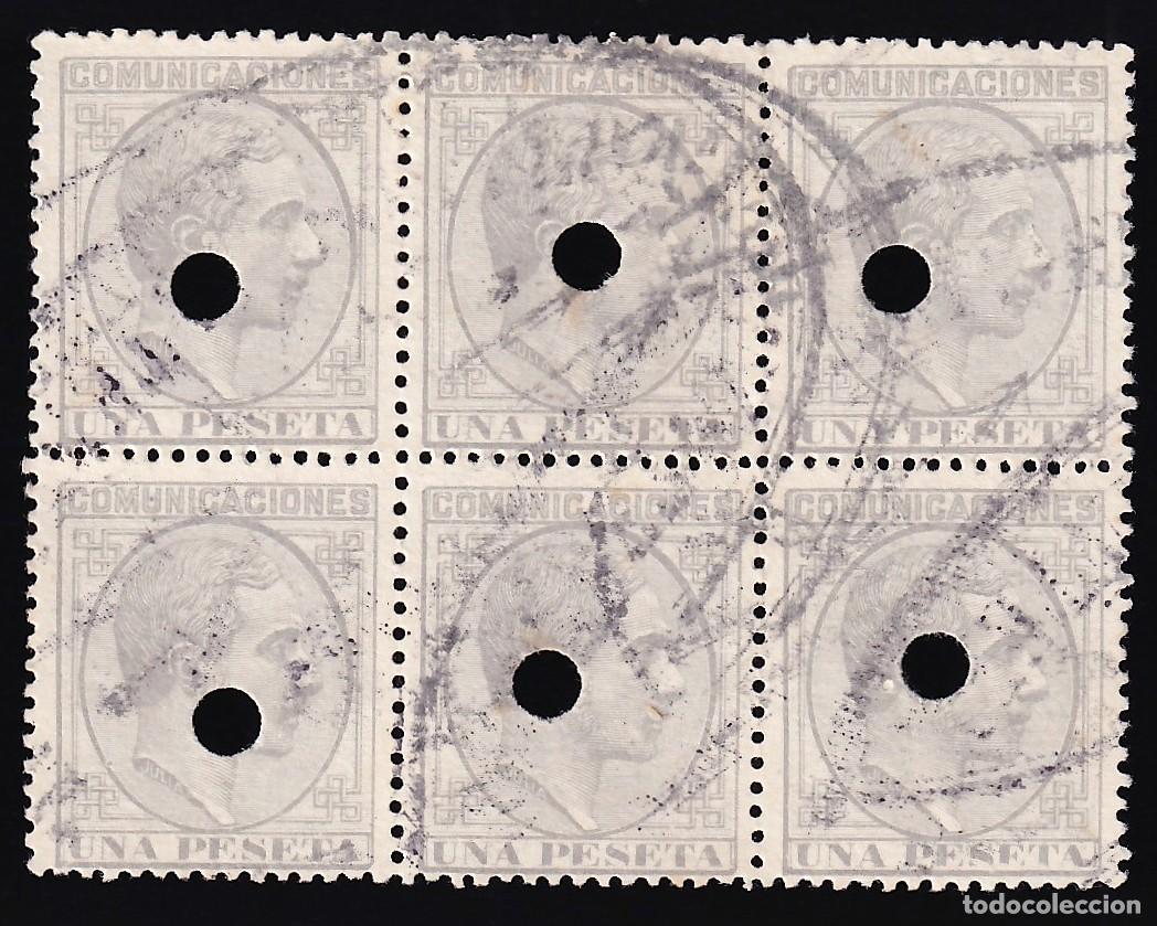 Sellos: ESPA&Ntilde;A, 1877 EDIFIL N&ordm; 197, 1 pts. gris, [Taladro de tel&eacute;grafos, Bloque de seis.]