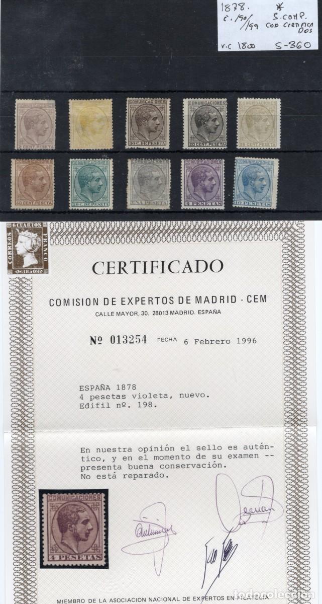 Briefmarken: PC82 Sellos Espa&ntilde;a a&ntilde;o 1878 Edifil 190/199* sellos originales SERIE COMP. con certificado v.c. 1800&euro;