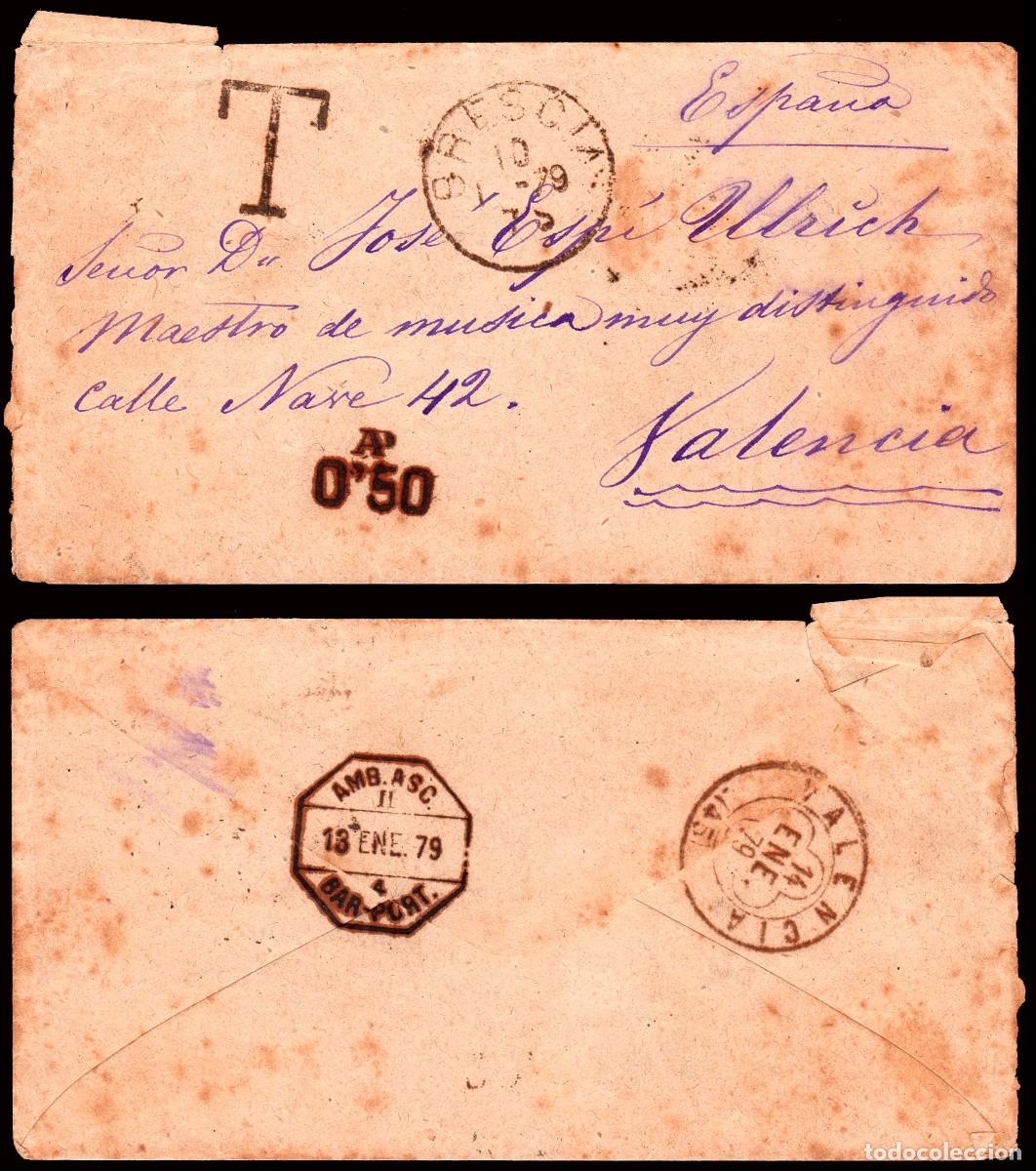 Sellos: Espa&ntilde;a - Sobre Mat &rdquo;Brescia 10/01/79&rdquo; a Valencia + marca &rdquo;T&rdquo; + &rdquo;AP 0'50&rdquo;