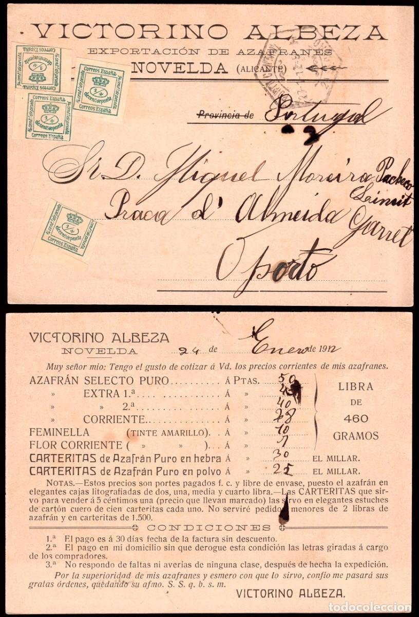 Sellos: Alicante - Edi o TP 173 ( 4 cuartillo) - Postal publicidad &rdquo;Victorino Albeza.... Novelda&rdquo; a Oporto