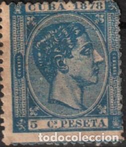 Sellos: Cuba Espa&ntilde;ola edf n&ordm;44 Azul 5c Sello con charnela MH.Alfonso XII 1878