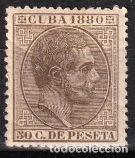 Sellos: Cuba Espa&ntilde;ola edf n&ordm;60 Casta&ntilde;o 50c Sello nuevo con fijasellos MH.Alfonso XII 1880