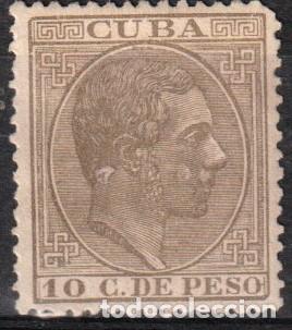 Sellos: Cuba Espa&ntilde;ola edf n&ordm;72 sepia oliva 10c Sello nuevo con charnela MH.Alfonso XII 1882-83