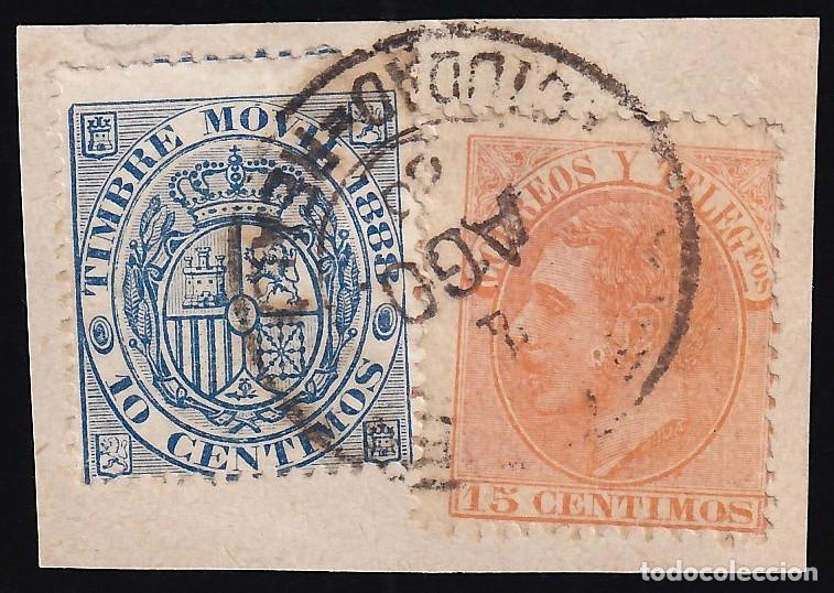 Sellos: ESPA&Ntilde;A, 1882, Fragmento, sello 15 c. naranja y Timbre movil 15 c. azul