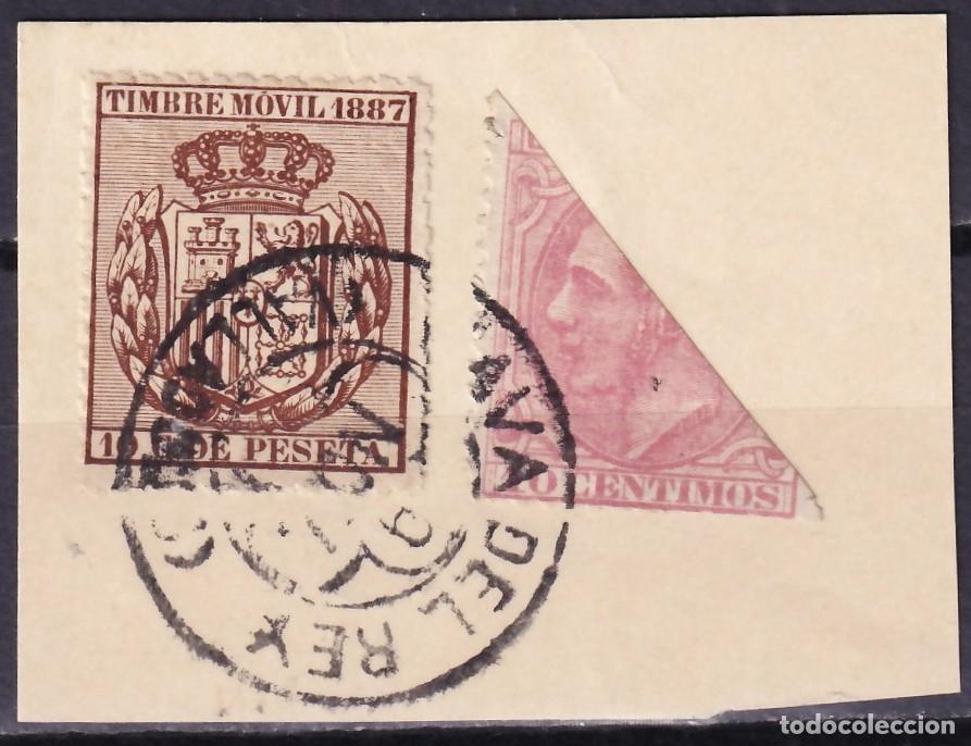 Sellos: ESPA&Ntilde;A, Fragmento, sello bisectado 10 c. rosa y Timbre movil 10 c. casta&ntilde;o