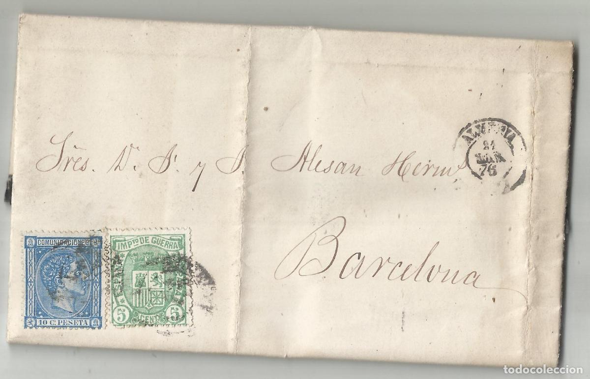 Sellos: CIRCULADA y escrita embarque goleta josefina 1876 de almeria a barcelona