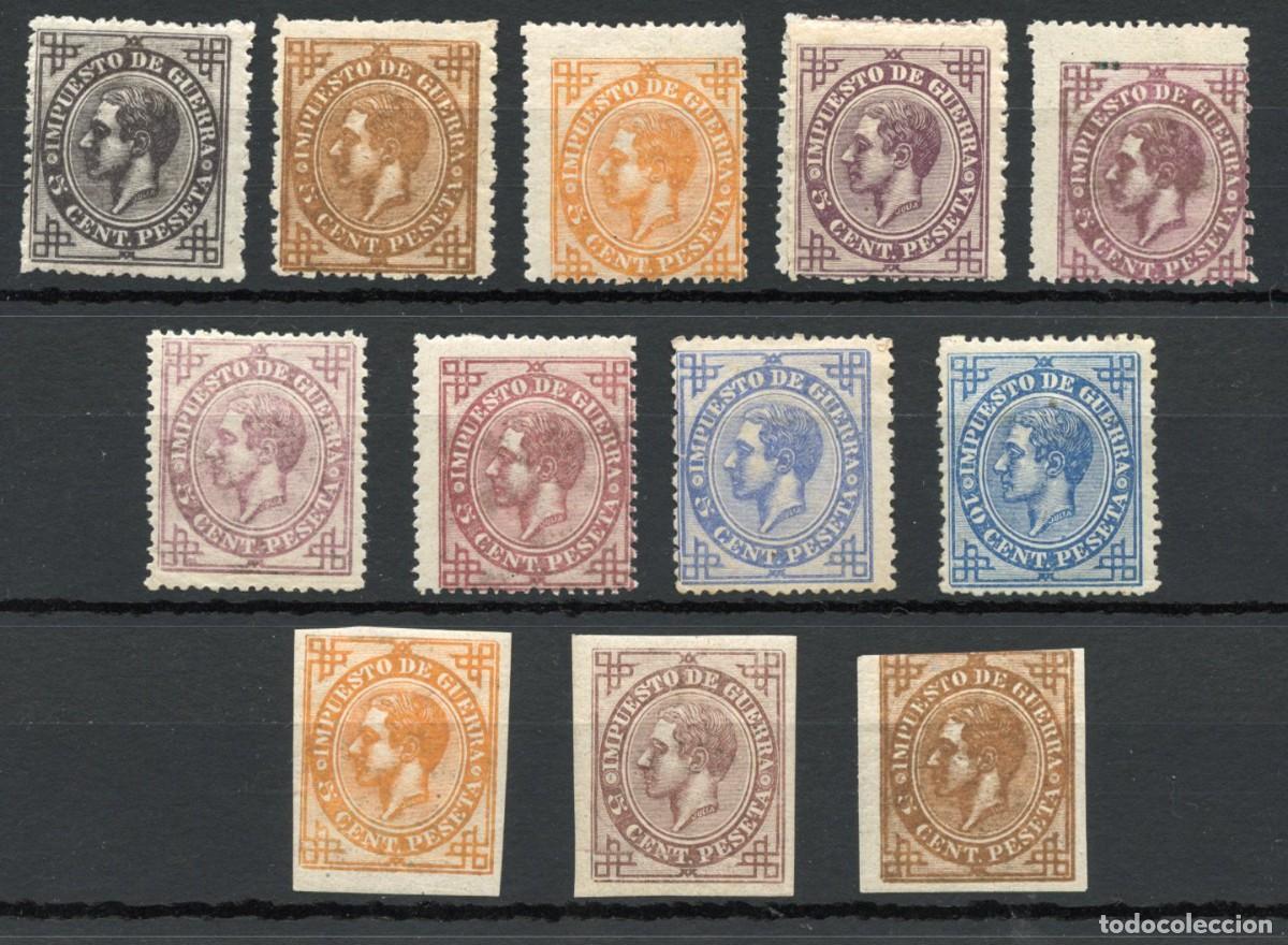 Sellos: ESPA&Ntilde;A 1876 ALFONSO XII IMPUESTO DE GUERRA. 9 ENSAYOS COLOR DENTADOS Y 3 S/DENTAR. CAT&Aacute;LOGO G&Aacute;LVEZ.