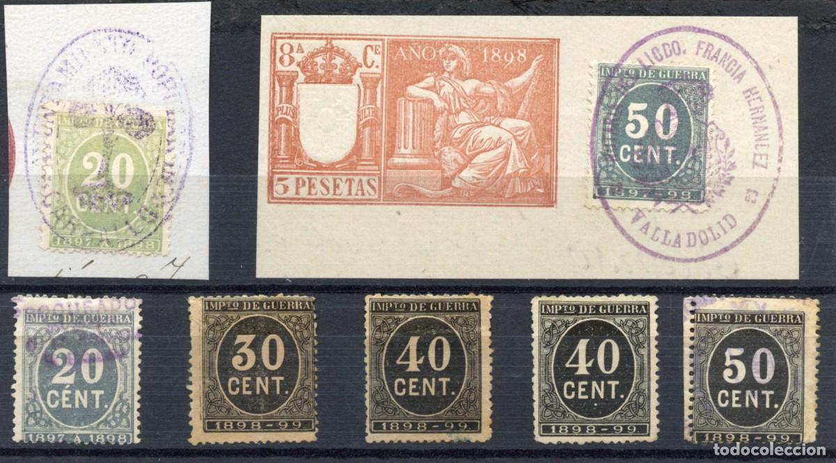 Sellos: ESPA&Ntilde;A 1897 - 1898 IMPUESTO DE GUERRA. 7 SELLOS. UN 20 CTS. VERDE LIM&Oacute;N NO RESE&Ntilde;ADO