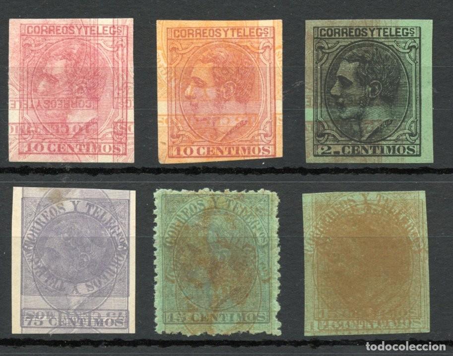 Sellos: ESPA&Ntilde;A 1879 ALFONSO XII. PRUEBAS Y MACULATURAS DE DOS EMISIONES. G&Aacute;LVEZ.