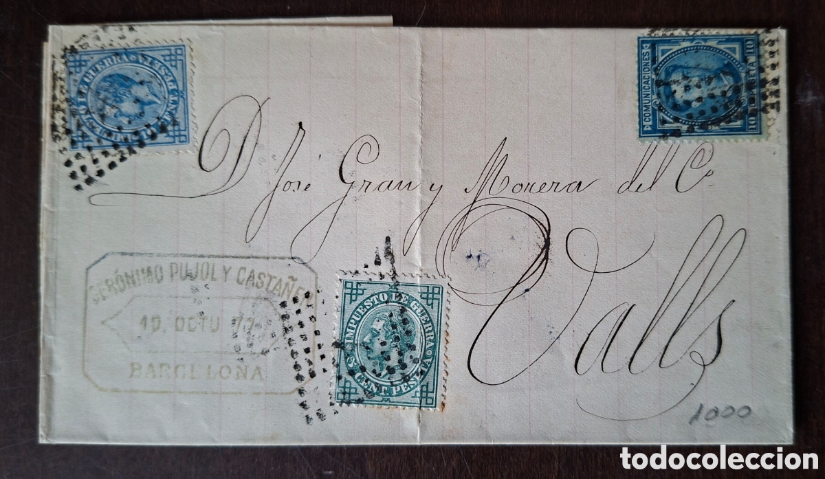 Sellos: Espa&ntilde;a carta 1877 a Valls Matasellos Rombo