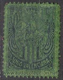 Sellos: NACIONALISTAS Unio Valenciana 1900 Nathan V8  AZUL s. papel VERDE (NC)