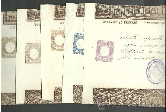 Timbres: L12-8 Papel de Pagos al Estado.  A&Ntilde;O 1890. - 5 ejemplares de 50c. - 1 pta. -2ptas - 15 ptas y 25 pta