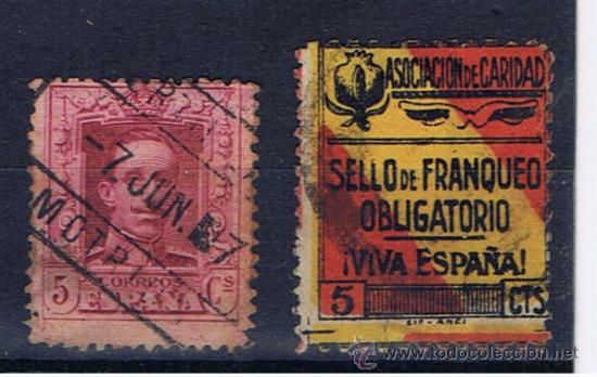 Briefmarken: alfonso XIII    vaquer con matasello  fechador de motril i sello caridad granadina