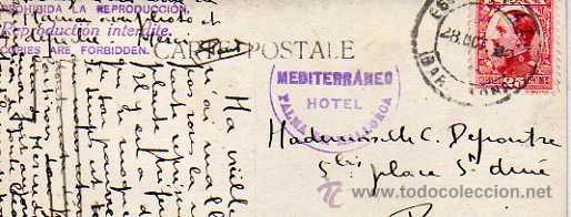 Sellos: Marca Hotel Mediterraneo. Palma de Mallorca. Sobre tarjeta postal fotografica.