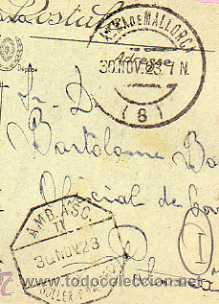 Sellos: Ambulante Tren. Soller Mallorca. Sobre tarjeta postal de Francia. Env du Mont Dore 217