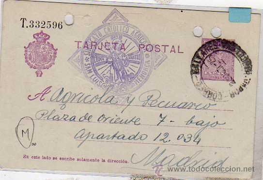 Sellos: Entero postal Alfonso XIII. Marca en anverso y reverso del sindicato catolico Agricola. Menorca.