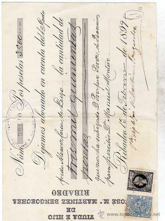 Francobolli: Cheque. Viuda e hijo de Jose M Martinez Bengoechea. Timbre movil y sello recargo 1898-99