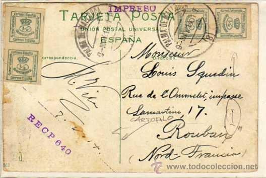 Briefmarken: Franqueo curioso sobre tarjeta postal. marca de Cartofilo o coleccionista en el reverso.