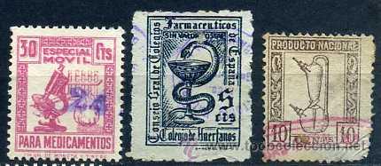 Timbres: tres sellos fiscales especial m&oacute;vil para medicamentos