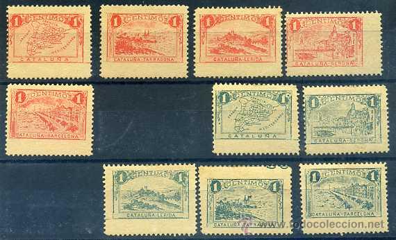 Stamps: 1899 vi&ntilde;etas independentistas catalu&ntilde;a y sus provincias, completas verde y naranja