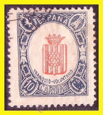 Stamps: franqueo voluntario, 10 cts azul y carm&iacute;n, CARIDAD (o)