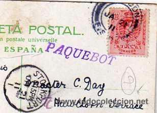 Briefmarken: Marca de barco Paquebot. Sobre tarjeta postal de San Roque Las palmas Gran Canaria.