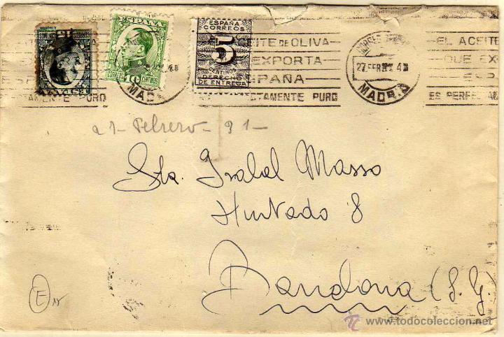 Briefmarken: Sobre con sello de dereho de entrega y sellos Alfonso XIII Matasello Aceite de oliva exporta Espa&ntilde;a