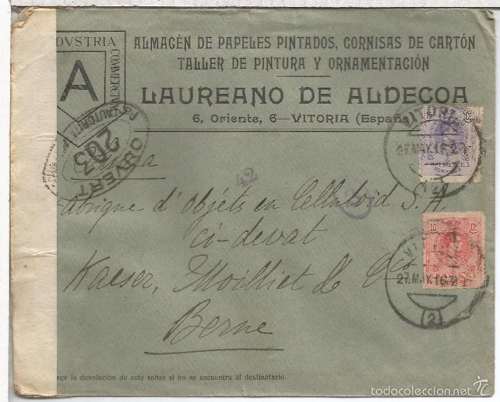 Sellos: VITORIA CC 1916 A SUIZA CENSURA MILITAR FRANCESA AL DORSO LLEGADAS - Foto 1