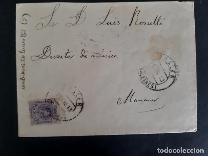 Sellos: circulada 1913 DE SOLLER A MANACOR BALEARES - Foto 1