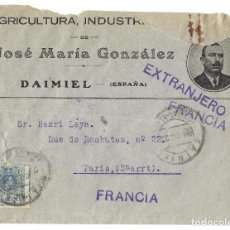 Sellos: 1922 DAIMIEL (CIUDAD REAL) A FRANCIA. CARTA SOBRE ALFONSO XIII MEDALLON. MARCAS EXTRANJERO Y FRANCIA