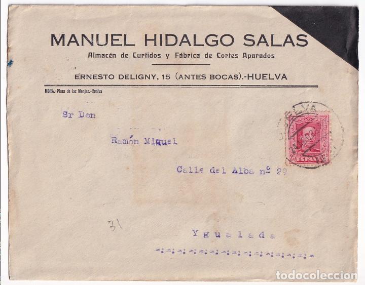 Sellos: SOBRE. HUELVA. ALMACÉN DE CURTIDOS MANUEL HIDALGO. 1929