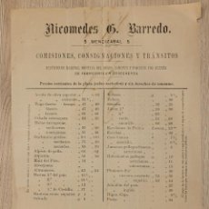 Sellos: TARIFA DE PRECIOS CON SELLO. AICOMEDES G. BARREDO. SEVILLA 1887.