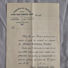 Sellos: CARTA COMERCIAL CON SELLO DE JUAN SANTAMARIA UBIS. ALMACEN DE DROGAS SEVILLA 1928.