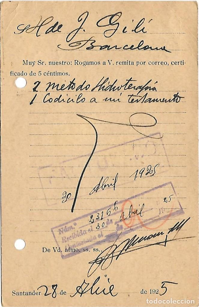 Sellos: VAQUER EDIFIL 310 POSTAL DE SANTANDER A BARCELONA 1925 - Foto 2